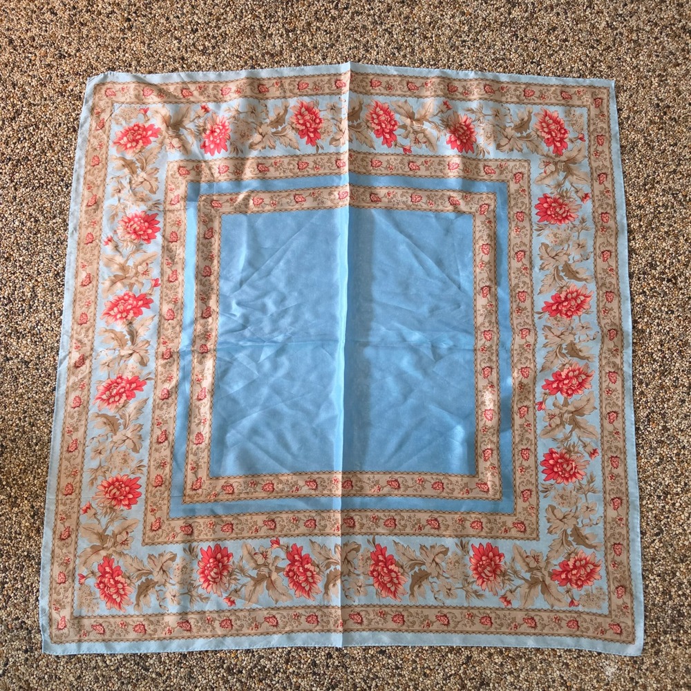 Vintage Floral Square Scarf Light Blue Red Chrysanthemum 31x31